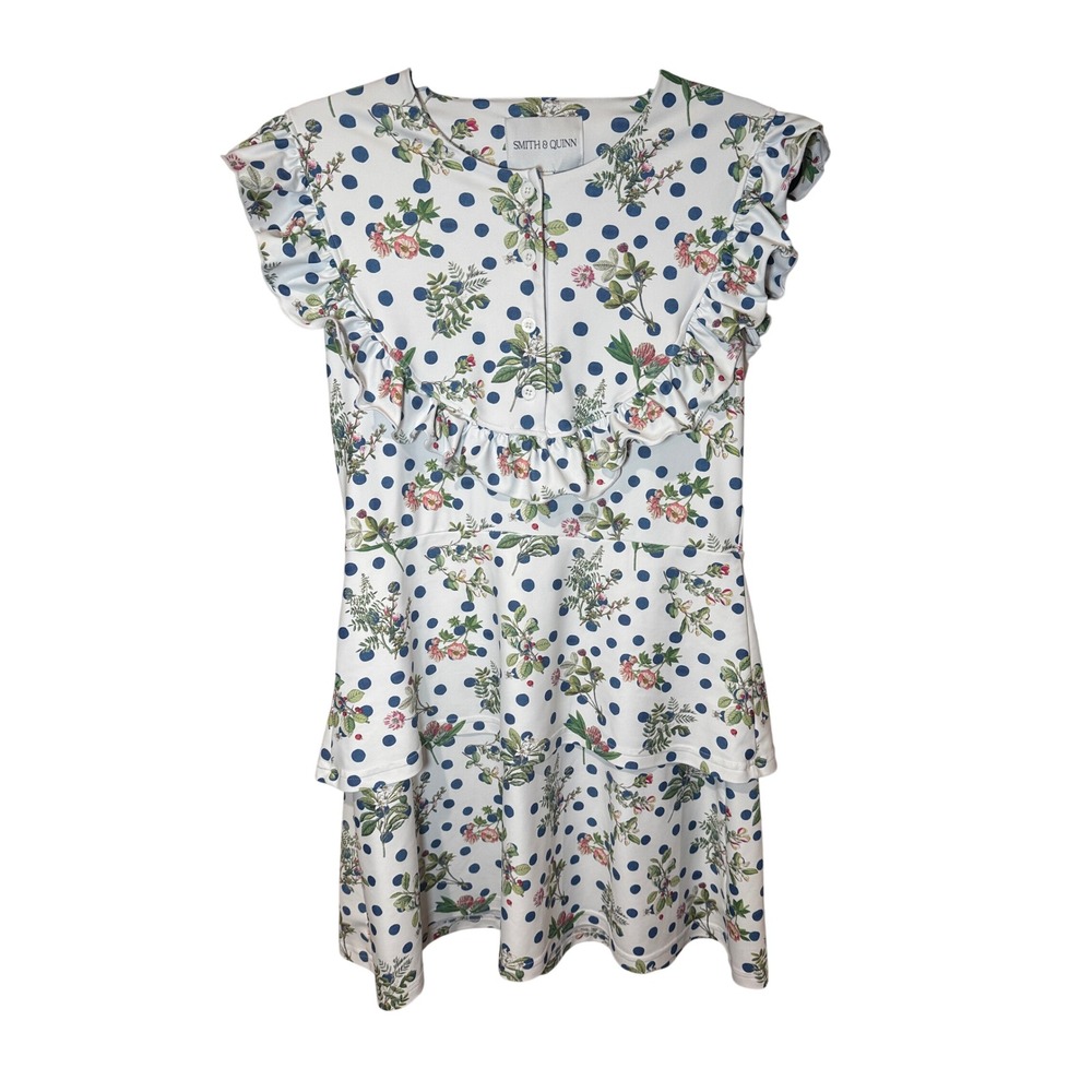 Smith & Quinn Ruffle Mini Dress Polka Dot Floral White Blue Size XS